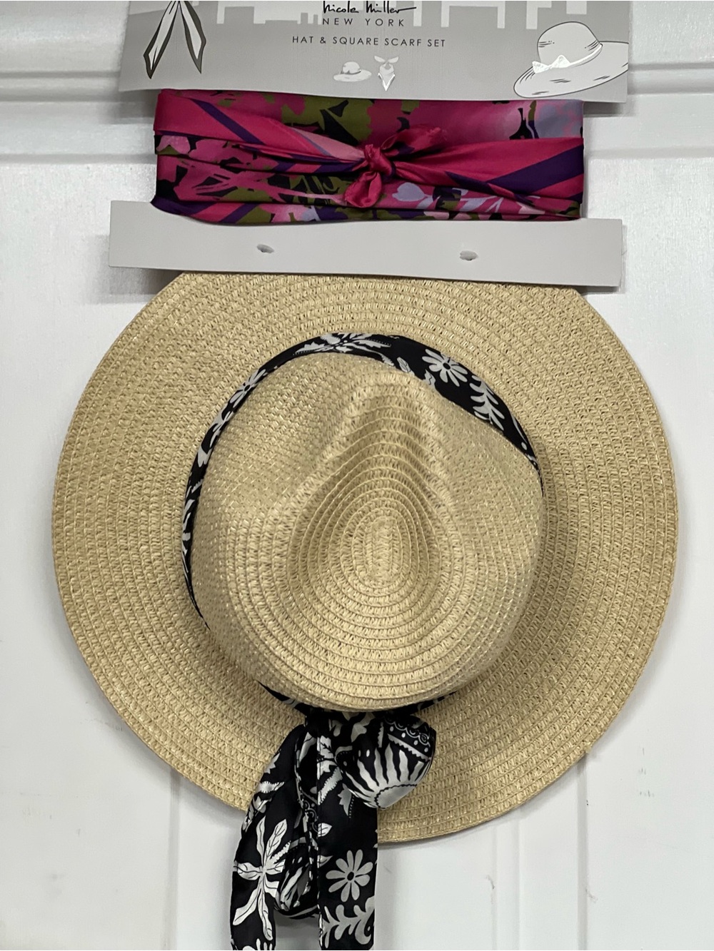 Nicole Miller Cream Straw Sun Hat with Black Floral Scarf and Bonus Scarf 🦩